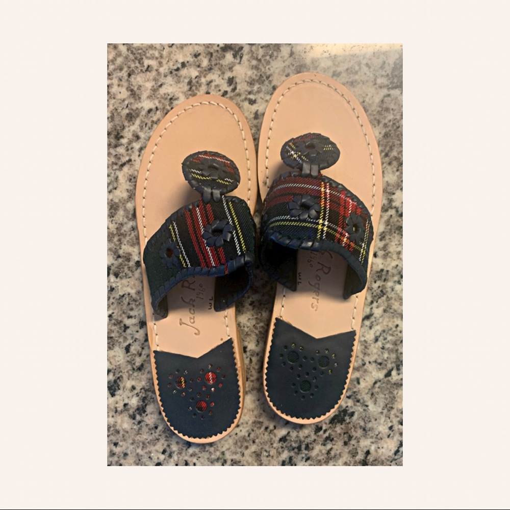 SOLD - Jack Rogers Sandals Women’s Size 7 Navy Plaid Preppy Modern Jack Rogers - Picture 1 of 6